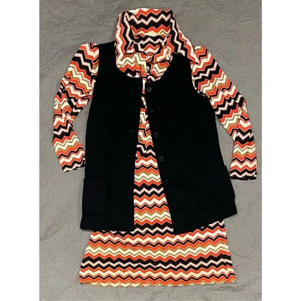 Sears Fashions Vintage 2 Piece Orange Black Chevron Dress and Vest 18